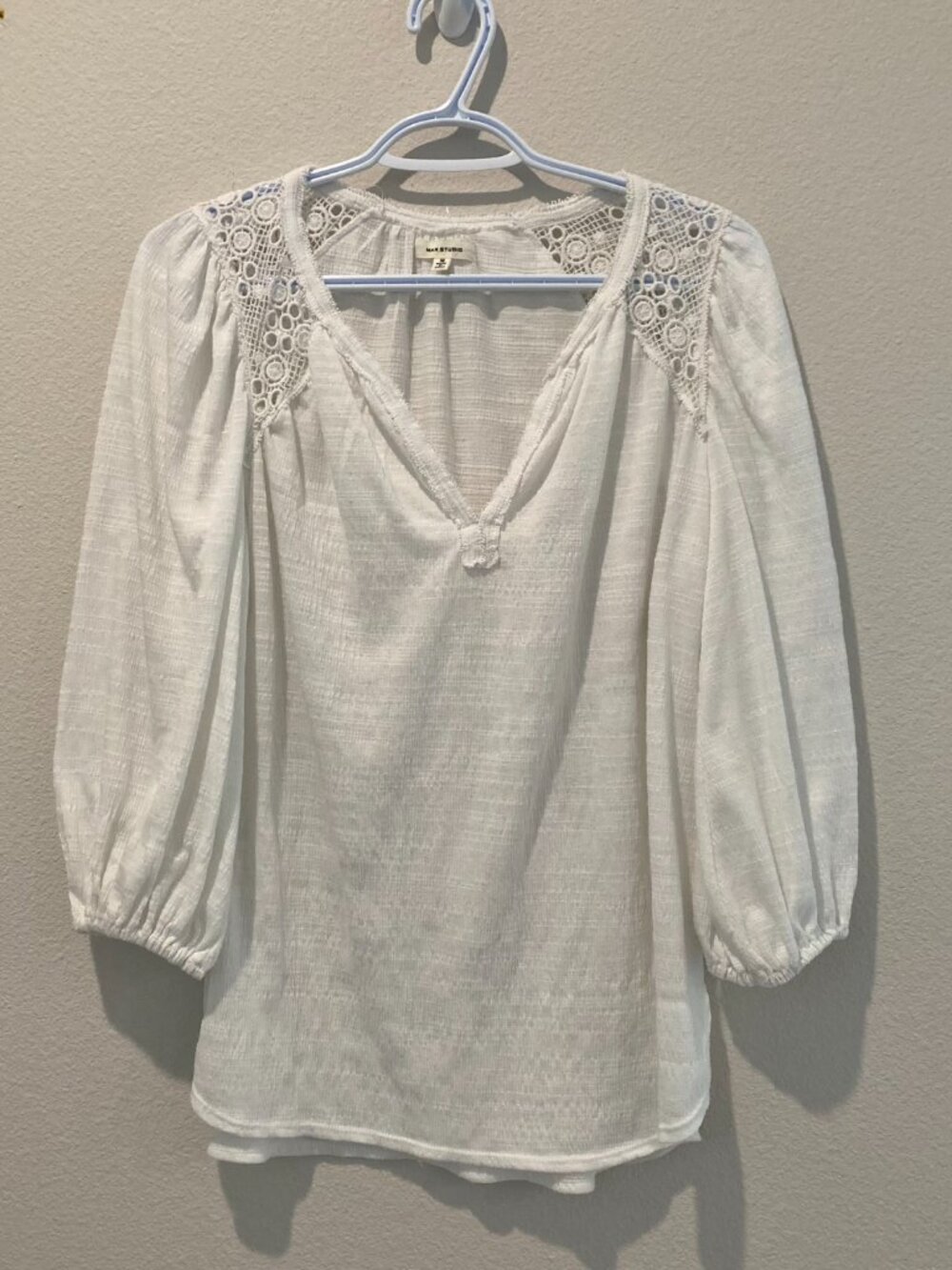 Max Studio White Crochet Lace Panel Peasant Blouse - Size M 3/4 Sleeve